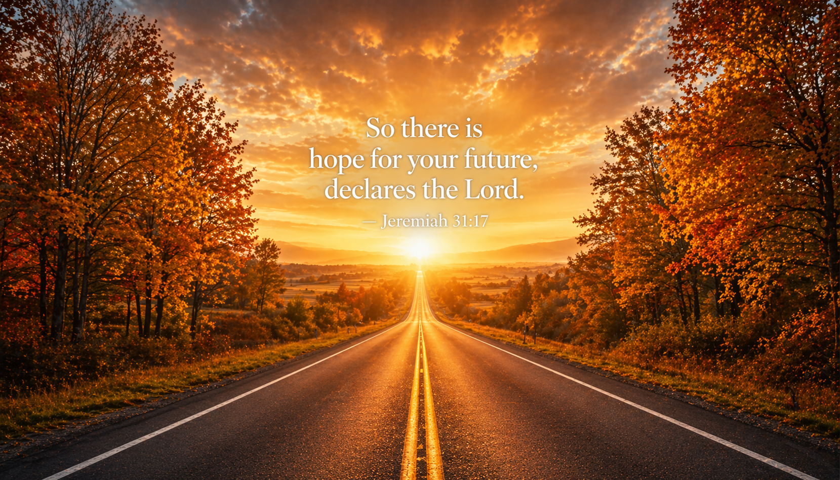 Long straight road stretching toward golden horizon at sunrise flanked by autumn trees orange gold leaves -- Jeremiah 31:17 hope future wallpaper